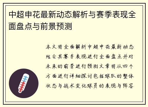 中超申花最新动态解析与赛季表现全面盘点与前景预测
