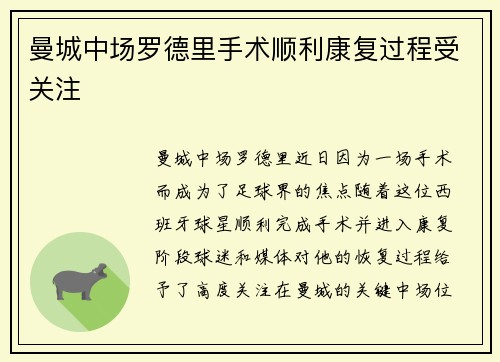 曼城中场罗德里手术顺利康复过程受关注 曼城中场罗德里手术顺利康复过程受关注